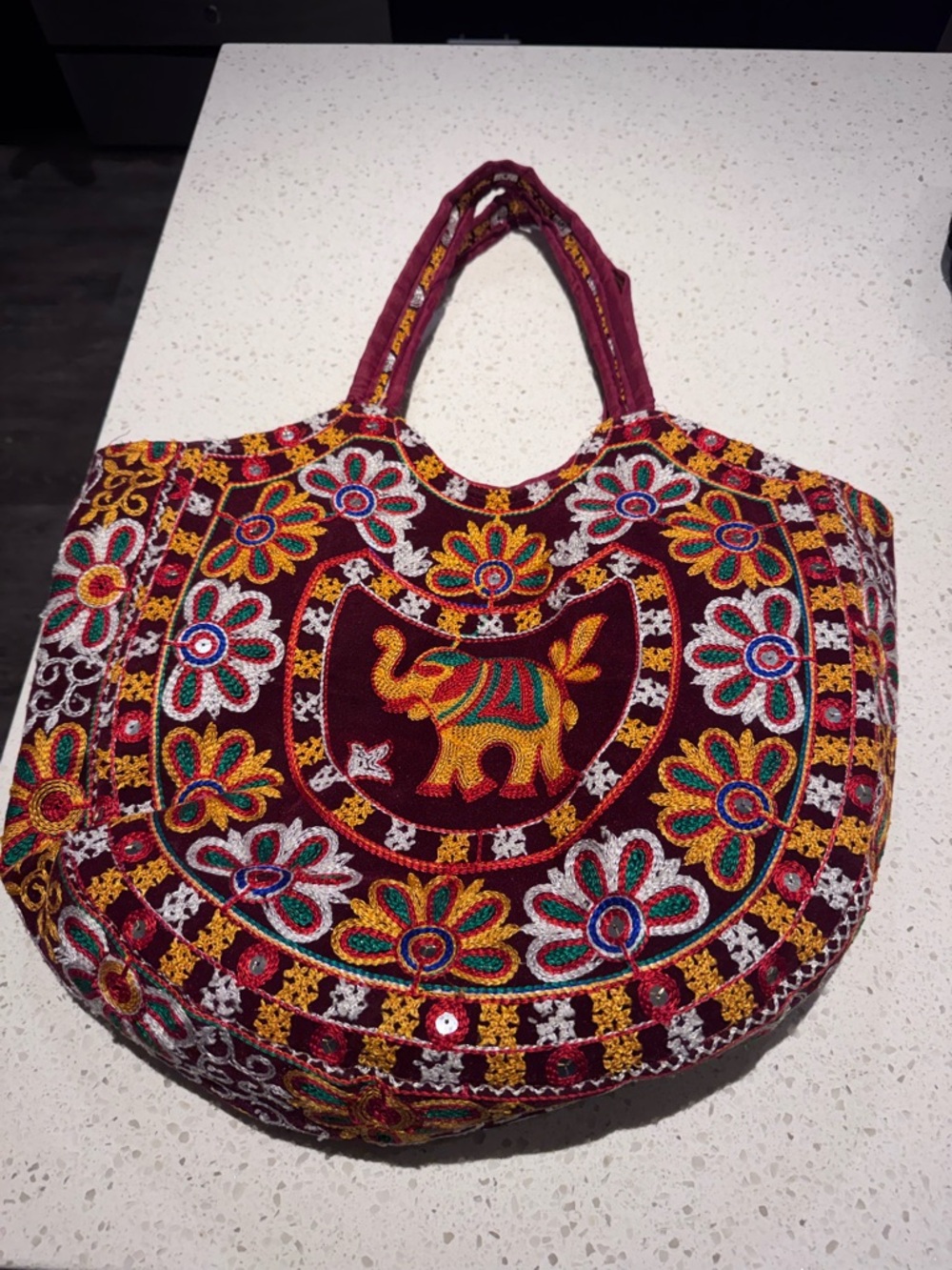 Boho Embroidered Elephant Tote Bag - Maroon